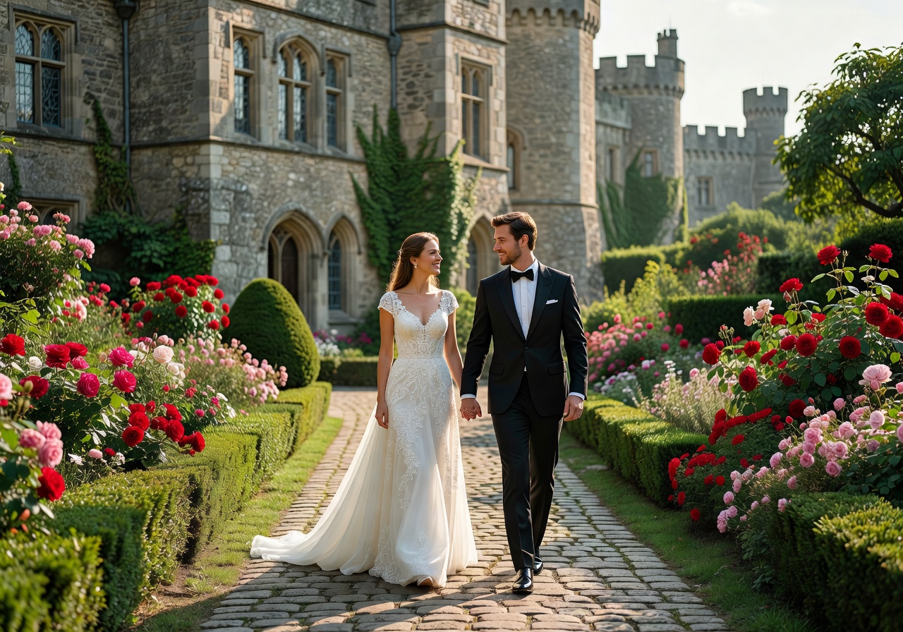 Bride and groom walking in castle gardens