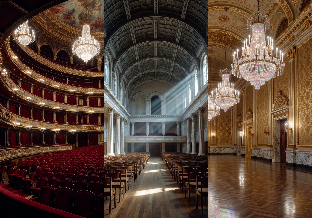 Elegant castle ballroom with glowing chandeliers