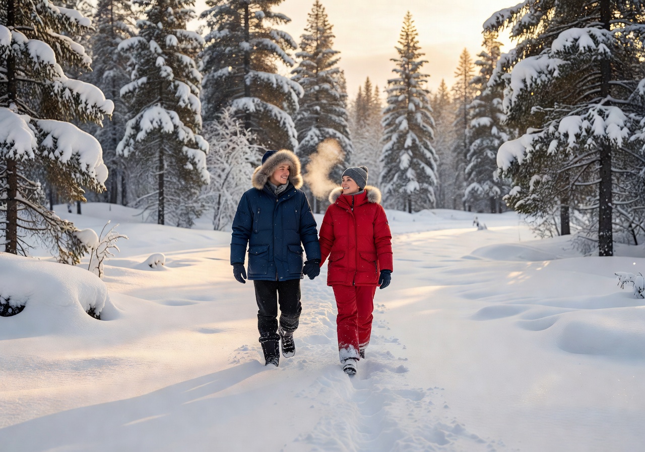 Couple walking in deep winter snow setting