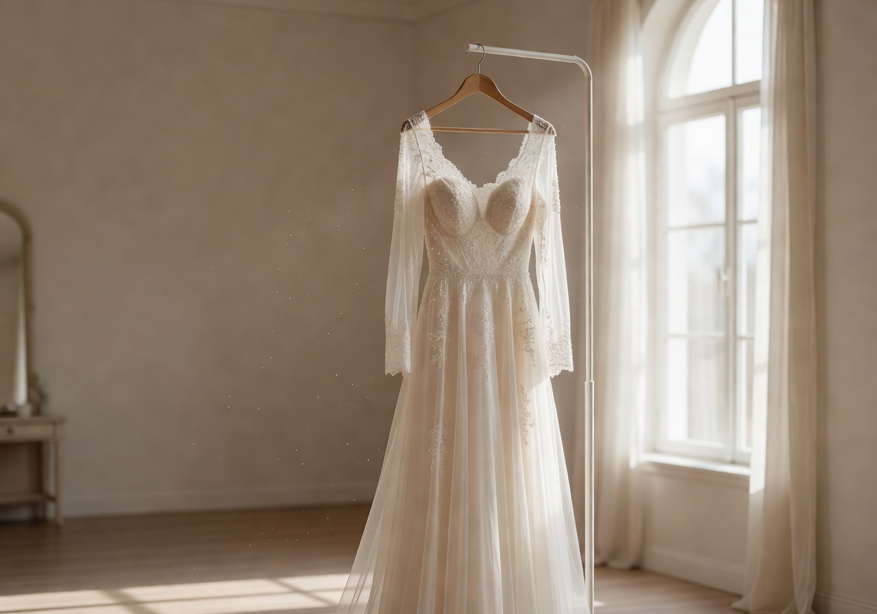 Delicate wedding dress hanging in bright soft light