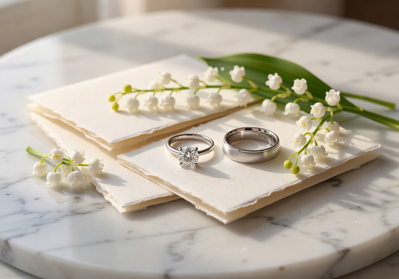 Detail shot of luxury wedding stationary and rings
