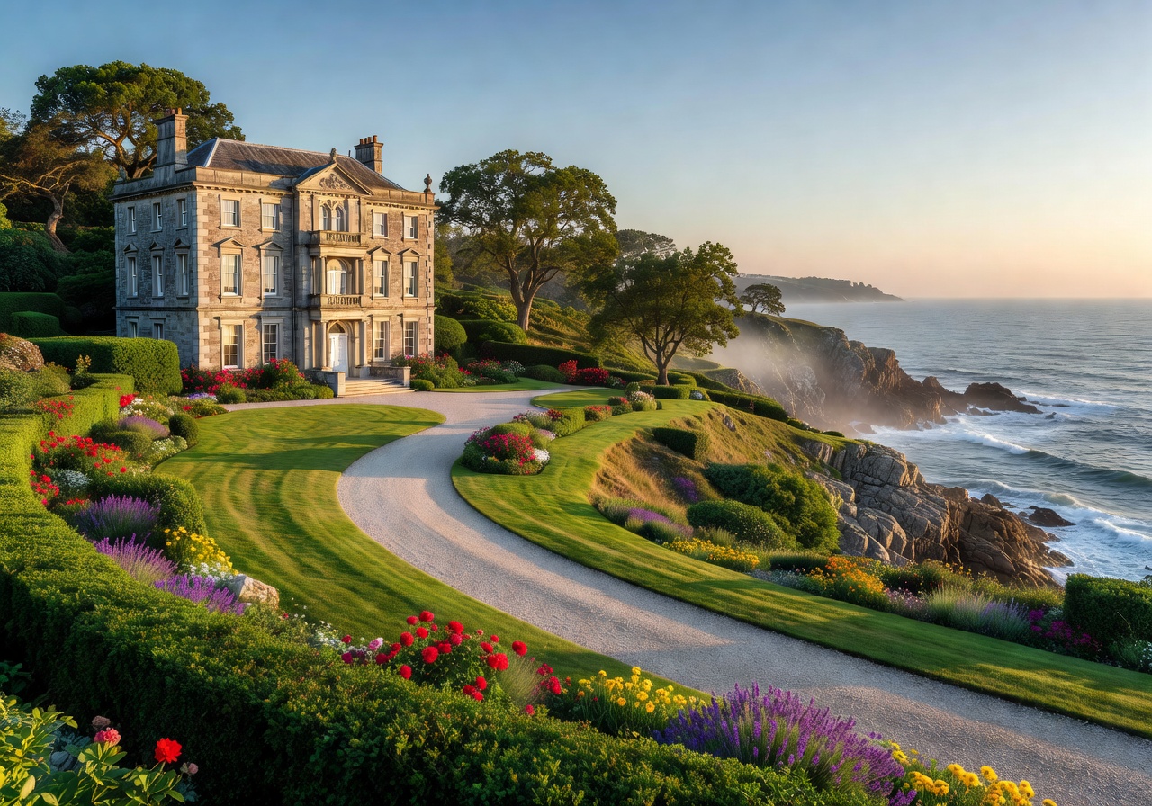 Elegant seaside manor grounds