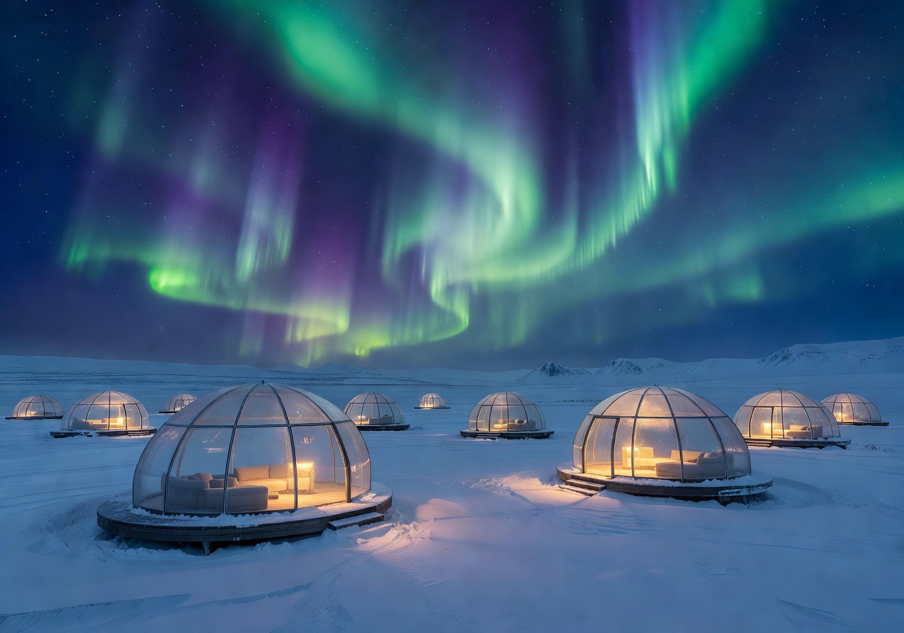 Glass igloos glowing under the Northern Lights