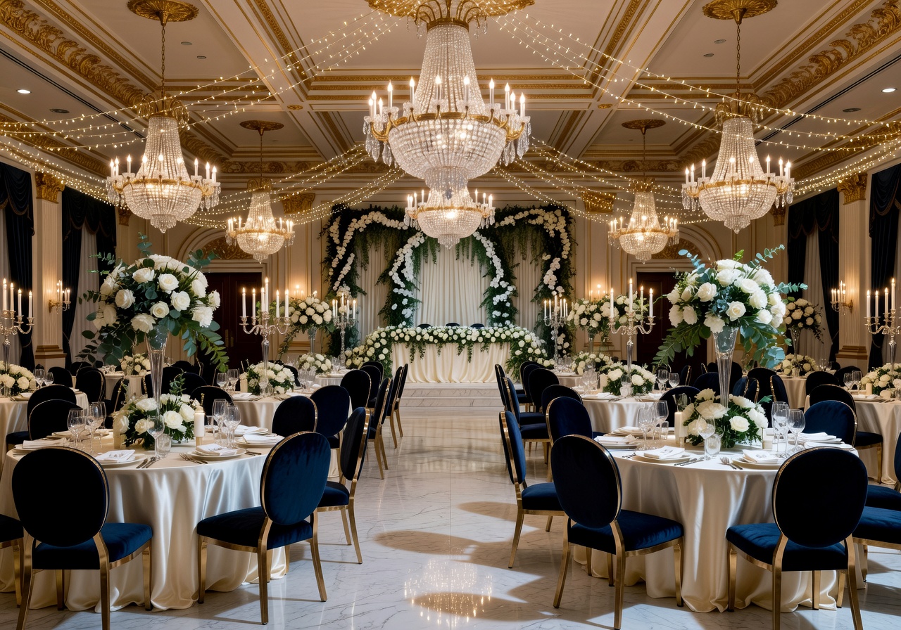 Grand elegant wedding ballroom reception setup