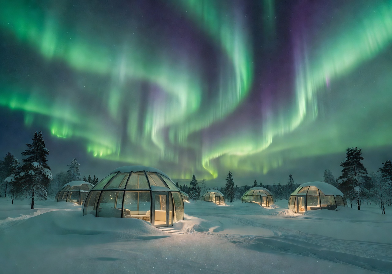 Northern lights glowing over glass igloos in Lapland winter