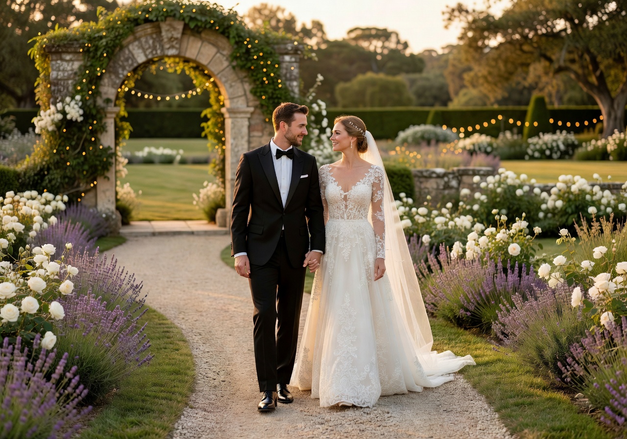 Romantic couple walking in beautiful wedding setting