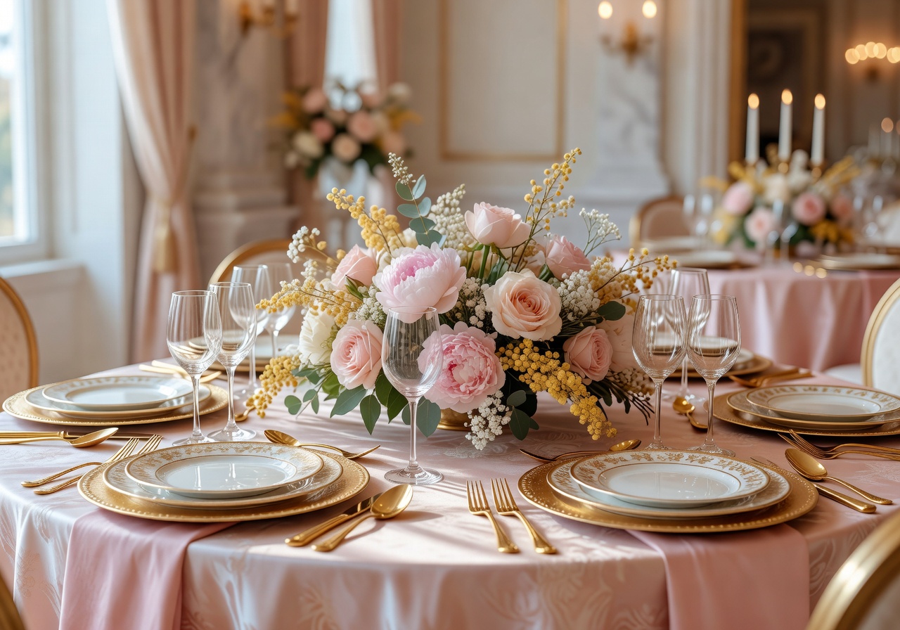 Soft pink and gold table setting for luxury reception